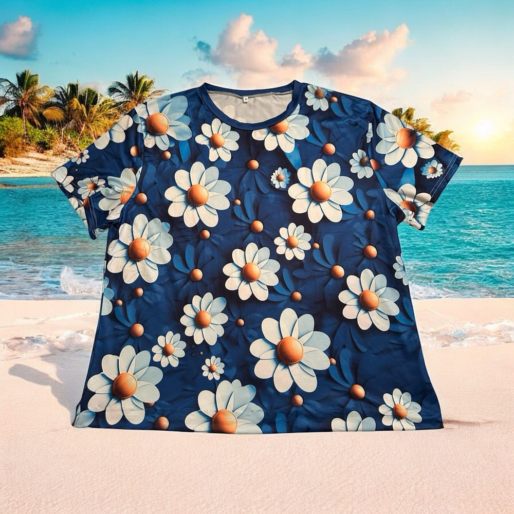 Sunflower Vibrant Floral Summer Blouse Womens 3X Multicolor Blue White Cottage